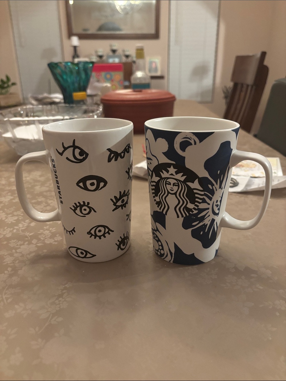 Starbucks 2014 White Mugs with Black Eye and 2015 Aloha Navy Floral Art - Pair